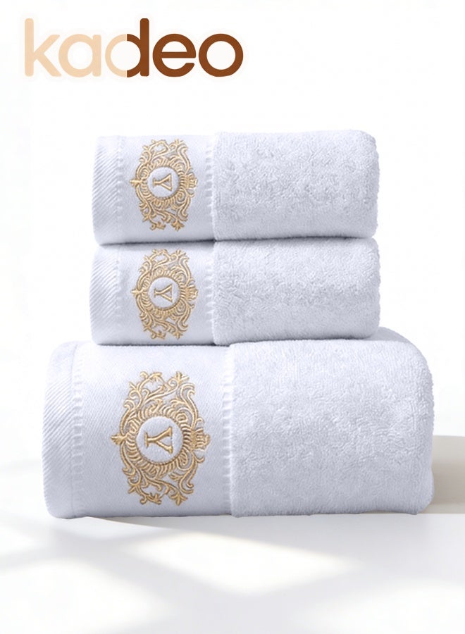 kadeo 3PCS Towel Set with Embroidery, 100% Cotton, Soft and Absorbent, 1 Bath Towels and 2 Hand Towels, Quicker-to-Dry, for Bathroom, Spa and Hotel, White Towel Set - Image 1